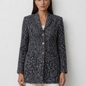 St. John Navy Tweed Knit Blazer Jacket Gold Buttons Luxe Classic Size 4